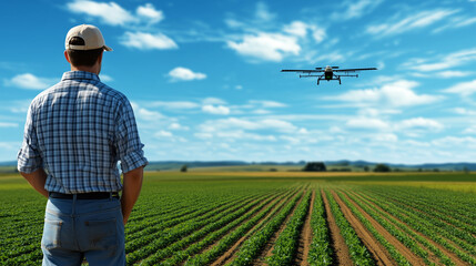 A modern farmer using GPS technology to plant crops with precision on a large open field.