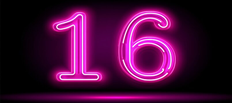 Neon Number 16, Pink Neon Digit 16, Sixteen, Glowing Number 16 Isolated On A Black Background