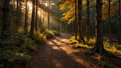 Fototapeta premium autumn in the forest , Sunlight streams through tall trees along a dirt path in a fall forest scene.