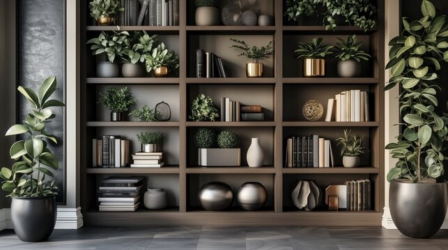 Cozy Minimalist Home Decor Shelves Displaying Houseplants and Books: Zoom Virtual Background, Cozy Interior Backdrop, Living Room Background for Virtual Meetings, Deep and Sophisticated