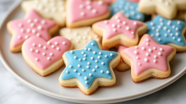 Assortment of colorful frosted sugar cookies shaped like stars, hearts, and trees, arranged on a festive plate for National Cookie Day