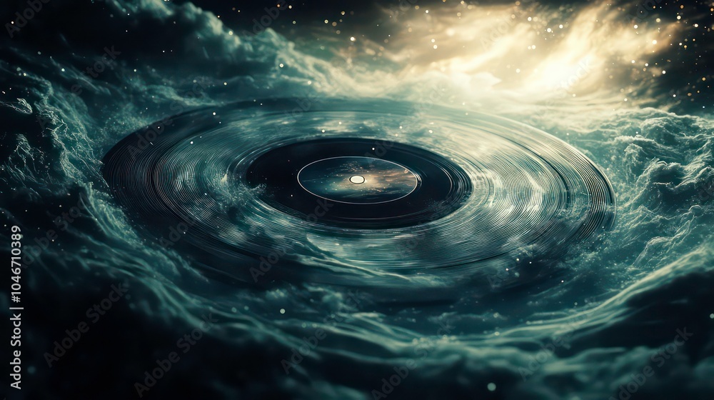 Poster a vinyl record floating in a cosmic nebula with a galaxy in the center of the record.