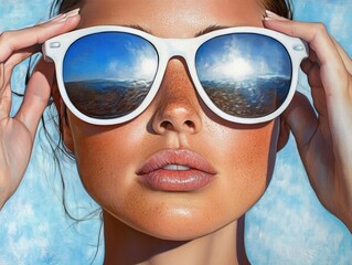 Naklejka premium A woman is wearing sunglasses and holding her hands up to her face