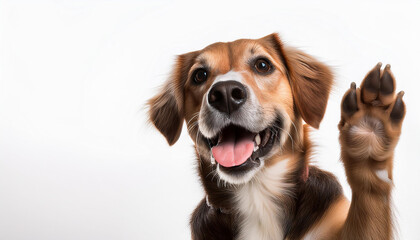 Portrait of a funny Dog waving his paw isolated on a white background
