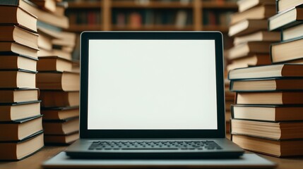 Blank computer screen with a blinking cursor, stacks of books in the background, symbolizing the beginning of a writing journey for National Novel Writing Month
