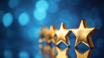 Five gold stars in a row on a blue bokeh background, symbolizing excellence and customer satisfaction.