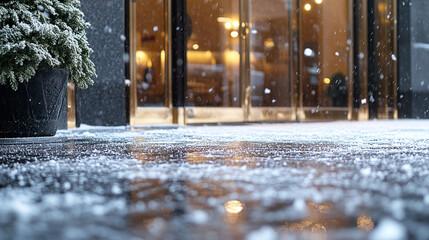 Fototapeta premium Icy Sidewalk in Front of Building Entrance on a Winter Day