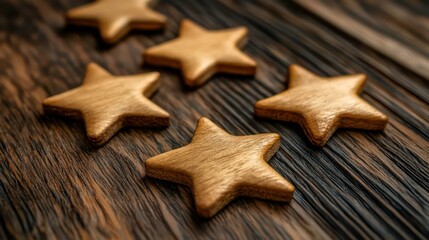 Five wooden stars arranged on a rustic wooden background.