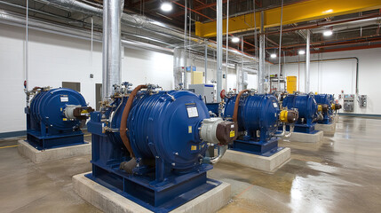 Large industrial chiller rooms with motor and water pipes
