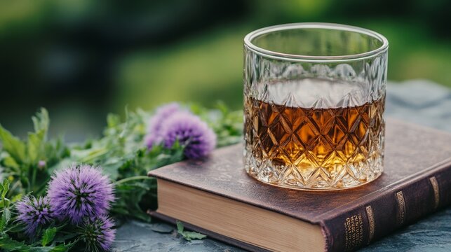 Close-up of a book of Robert Burns poetry, surrounded by thistle flowers and a dram of whisky, celebrating Burns Night traditions 