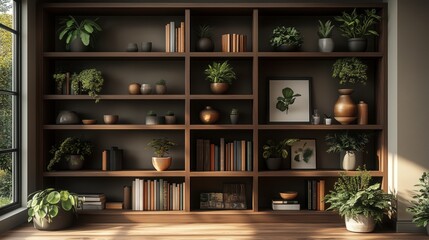 Cozy Minimalist Home Decor Shelves Displaying Houseplants and Books: Zoom Virtual Background, Cozy Interior Backdrop, Living Room Background for Virtual Meetings, Deep and Sophisticated