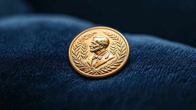 Close-up of a golden Nobel Prize medal resting on a velvet cushion, with intricate details highlighted, celebrating Nobel Prize Day 