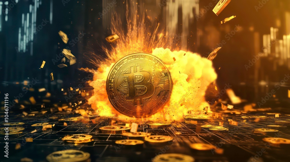 Poster a gold bitcoin coin explodes in a fiery blast, surrounded by smaller coins, against a backdrop of st
