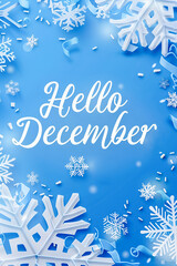 Bold white text Hello December on pastel blue background