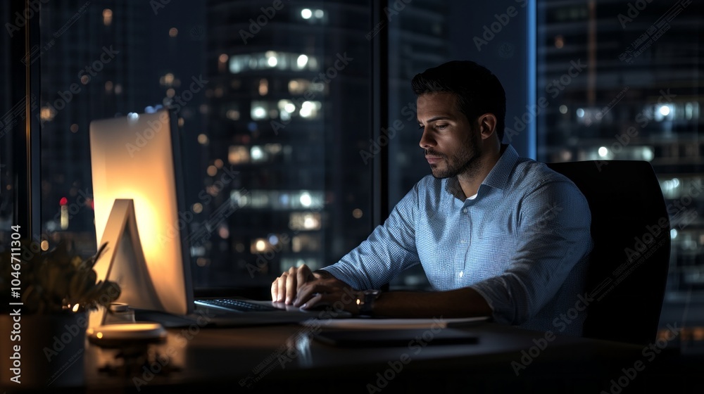 Aufkleber A man is sitting at a desk with a computer monitor and keyboard in front of him