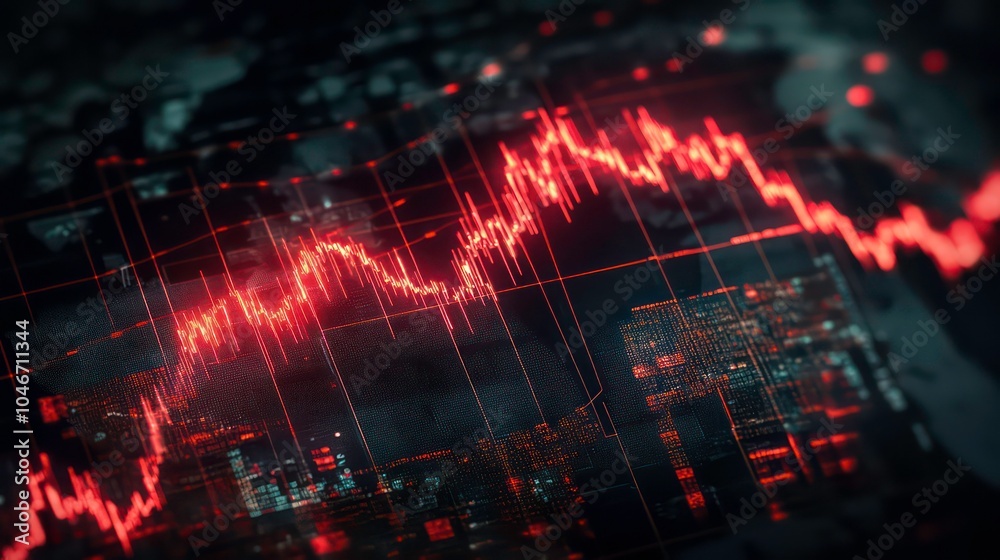 Poster a red line graph dips down on a screen showing a world map, indicating a stock market downturn or ec