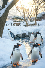 Obraz premium Whimsical penguins in snowy landscape create charming scene in Japan, showcasing their playful nature against serene backdrop of winter trees and gentle stream