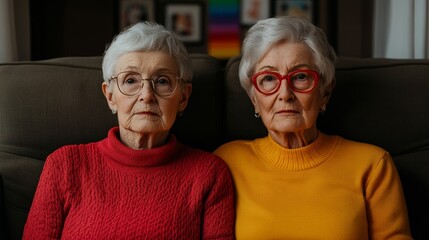 Elderly LGBTQ+ couple sitting in their living room, surrounded by pride memorabilia and old photos, cherishing a lifetime of love and activism 