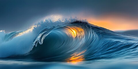 Massive ocean wave crashing against the sunset
