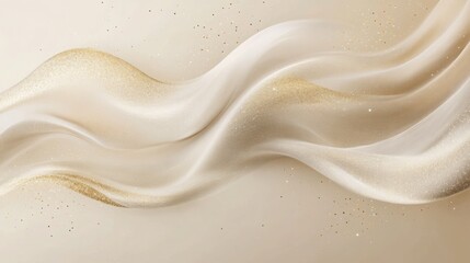 Abstract background featuring a wave of soft, translucent fabric, with marble texture and gold glitter on a beige background.