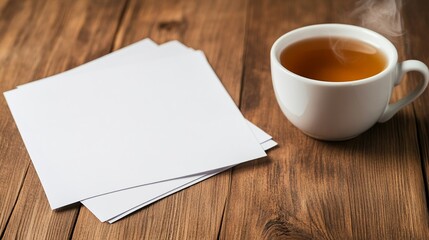 First draft manuscript pages spread out across a wooden table, next to a steaming cup of tea, symbolizing progress for National Novel Writing Month