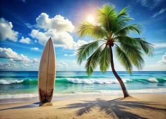 Surfboard and Palm Tree Double Exposure, Ocean Waves, Clear Sky - Beach, Summer, Surfing, Nature, Travel, Adventure, Tropics, Vacation 
