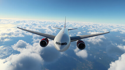 realistic airplane flying over beautiful blue sky with clouds