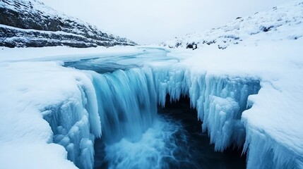 Frozen waterfall suspended in mid-cascade, with layers of thick ice and snow blanketing the surrounding rocks, a breathtaking winter landscape 