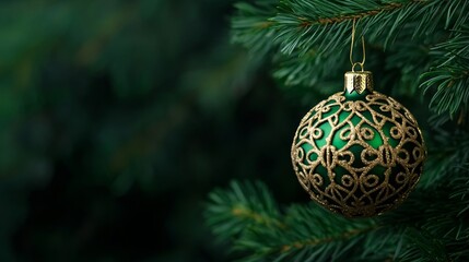 Golden filigree ornament with intricate detailing suspended on a lush pine branch background with empty space for text 