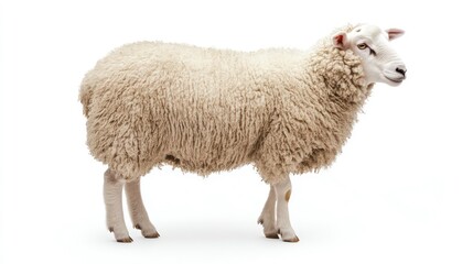 Naklejka premium A white sheep stands on a white background, looking to the right.