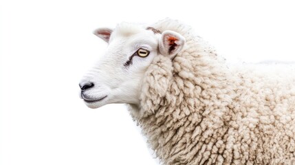 Fototapeta premium A close-up portrait of a white sheep with a soft, fluffy coat looking to the side against a white background.