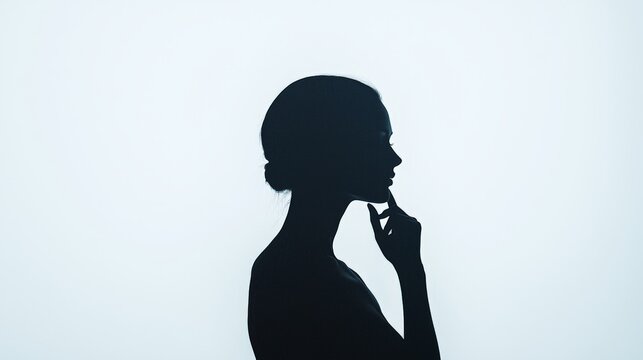 A contemplative silhouette of a woman, finger on chin, set against a light background, evoking thoughts of reflection and introspection.