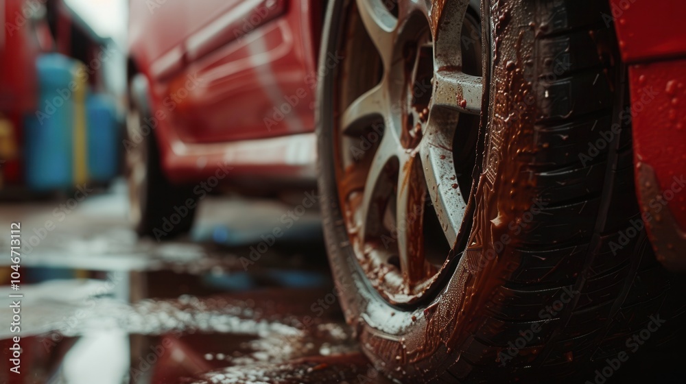 Poster a car tire is being changed in a garage, highlighting the muddy condition of the tire due to rain, w