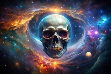 Surreal Cosmic Skull with Glowing Eyes in a Celestial Landscape, Mystical Cosmic Elements, Ethereal Atmosphere, Dreamlike Imagery, Galactic Vibes, Enigmatic Artistry
