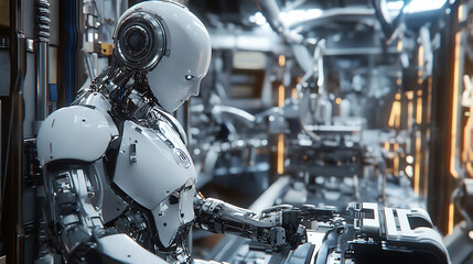 Fototapeta premium photo realistic industrial robot working in factory environment, showcasing advanced technology and