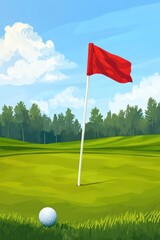 Obraz premium PGA Golfing Tournament: Golf Ball, Club, and Flag on Green Summer Course