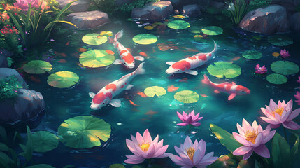 Colorful koi fish swimming in serene pond surrounded by vibrant water lilies and lush greenery create tranquil and picturesque scene