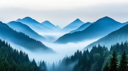 Obraz premium Misty morning in the mountains with layers of peaks fading into the distance, capturing the serenity and mystery of nature for International Mountain Day 