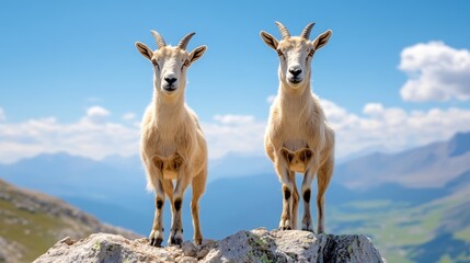 Obraz premium Mountain goats standing on rocky cliffs, with distant peaks behind them, showcasing wildlife thriving in high altitudes for International Mountain Day 