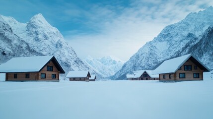 Mountain village nestled at the base of towering cliffs, traditional wooden houses surrounded by snow, celebrating mountain culture on International Mountain Day 
