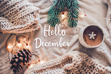 Text Hello December surrounded by Christmas decorations