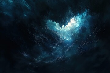 Underwater Cave. Sunlight Illuminating the Dark Depths of the Ocean