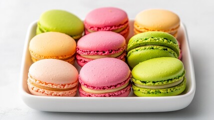 Pile of colorful macarons in pastel hues, displayed elegantly on a white dish, perfect for National Cookie Day celebrations 