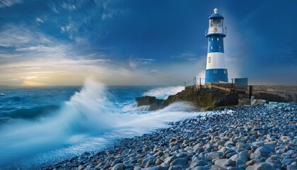 Faro marino abrazo del mar, en un día azulado conn nuves