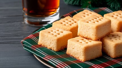Scottish shortbread cookies arranged on a tartan-lined platter next to a glass of whisky, perfect for a Burns Night dessert 