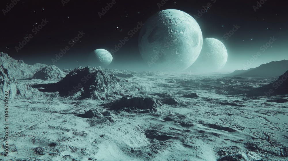 Wall mural an alien landscape with multiple moons.