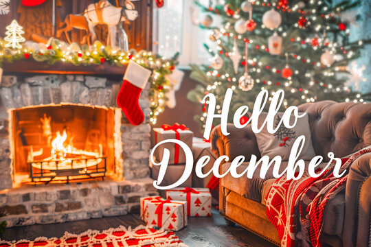 Text Hello December surrounded by Christmas decorations