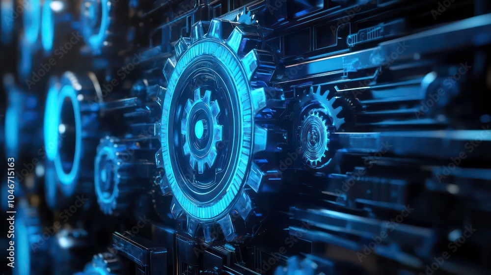 Aufkleber close-up of a complex, futuristic cogwheel system with glowing blue lights, representing technology 