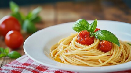 Spaghetti pomodoro with a fresh, simple tomato sauce, basil leaves, and olive oil drizzled on top, celebrating tradition for National Spaghetti Day 