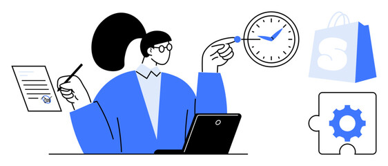 A woman at a laptop holds a pen and paper while pointing at a clock. Nearby items include a shopping bag and a puzzle piece with a gear. Ideal for task management, time management, online shopping